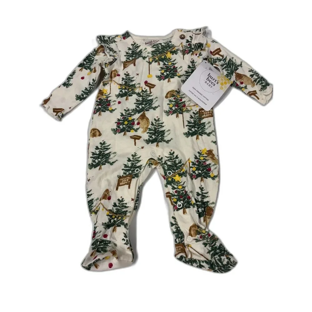 Burt's Bees Baby Organic Cotton Christmas Tree Footed Sleeper NNB NWT Holiday